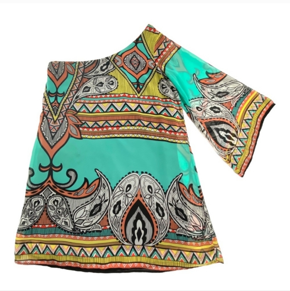 Lovely Day One Sleeve Tunic Top Turquoise Print Sheer Overlay Flared Sleeve